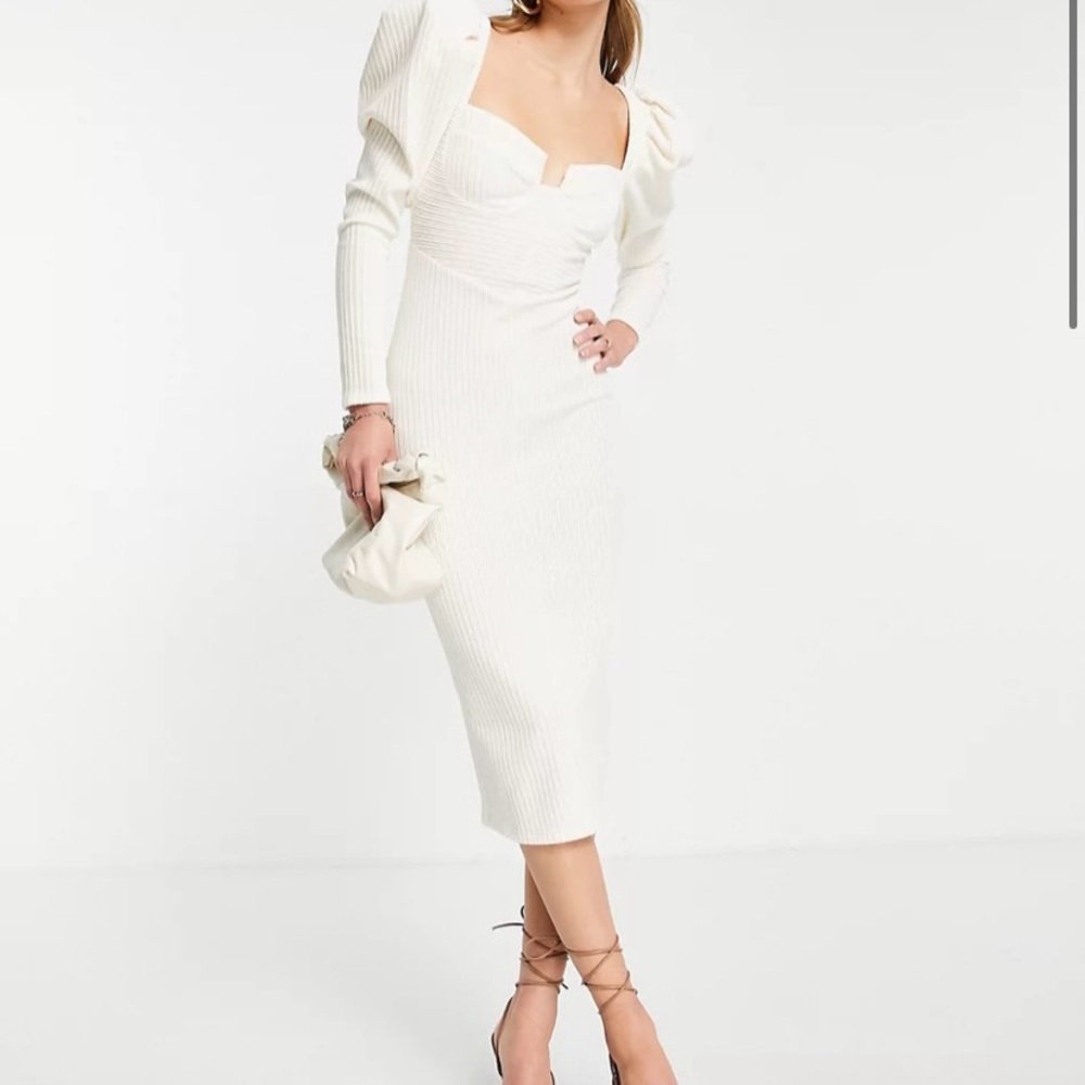 Fun Ribbed Puff Long Sleeve Midi Dress